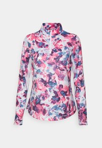 Långärmad träningsskjorta med halvdraget krage. Har ett färgglatt abstrakt blommönster i rosa, lila och blått på en ljus bakgrund.