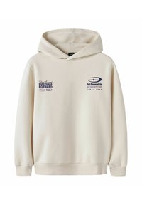 Crème-kleurige hoodie met marineblauwe motiverende tekst en grafische logo's op de borst, voorzien van een voorzak en geribde manchetten.