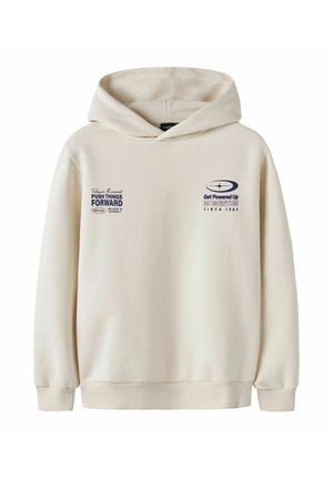 Hoodie couleur crème avec texte motivationnel en bleu marine et logos graphiques sur la poitrine, comportant une poche avant et des poignets en côte.