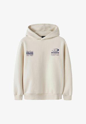 Hoodie couleur crème avec texte motivationnel en bleu marine et logos graphiques sur la poitrine, comportant une poche avant et des poignets en côte.