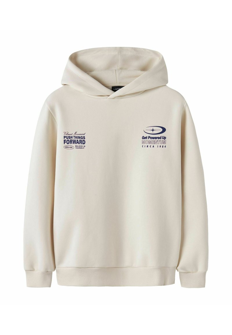 Crème-kleurige hoodie met marineblauwe motiverende tekst en grafische logo's op de borst, voorzien van een voorzak en geribde manchetten.