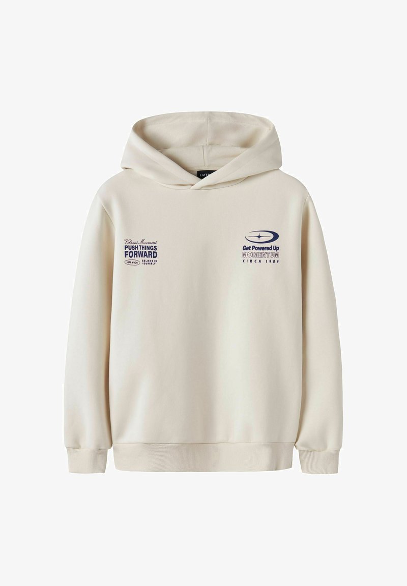 Cream-colored hoodie with navy blue motivational text and graphic logos on the chest, featuring a front pocket and ribbed cuffs.
