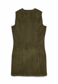 Olijfgroene mouwloze jurk van gestructureerde rib stof, met contourstiksels en een ronde halslijn. De achterkant toont een gladde afwerking.