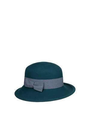 Dark green felt cloche hat with a wide gray band and a bow detail around the crown.