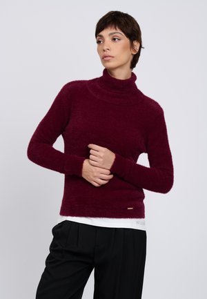 Vrouw draagt een bordeauxrode, harige coltrui en zwarte broek, staat met gevouwen handen en kijkt opzij tegen een effen achtergrond.