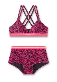 Rosa und schwarzes Tierfutter-Bikini-Set mit einem überkreuzten Rücken am Oberteil und einem passenden hoch taillierten Unterteil mit goldfarbener Akzentbande.