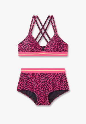 Rosa und schwarzes Tierfutter-Bikini-Set mit einem überkreuzten Rücken am Oberteil und einem passenden hoch taillierten Unterteil mit goldfarbener Akzentbande.