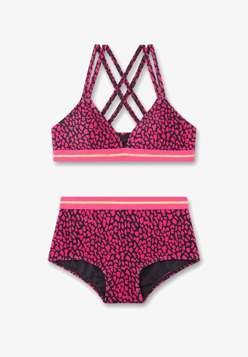 Rosa und schwarzes Tierfutter-Bikini-Set mit einem überkreuzten Rücken am Oberteil und einem passenden hoch taillierten Unterteil mit goldfarbener Akzentbande.