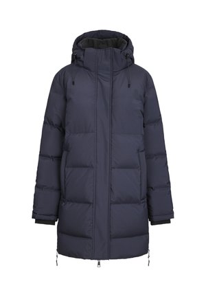 Marineblå boblejakke med hette, som har quiltede seksjoner, frontlås og elastiske mansjetter. Inkluderer snor i kragen.