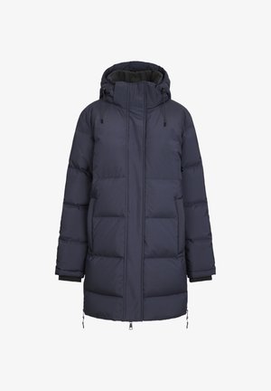 Marineblå boblejakke med hette, som har quiltede seksjoner, frontlås og elastiske mansjetter. Inkluderer snor i kragen.