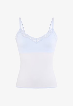 Weiße Damenunterwäsche mit verstellbaren Trägern und Spitzenbesatz entlang des Ausschnitts.