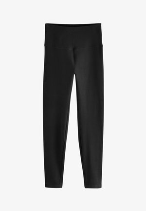 Čierne legíny s vysokým pásom a úzkym strihom, z hladkého materiálu, vystavené na bielom pozadí.