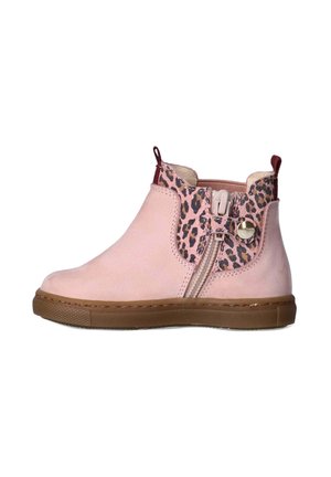 Roze suède enkellaarsjes met luipaardprintaccenten, een rits aan de zijkant en een decoratieve knop. Bruine rubberen zool met textuur voor grip.