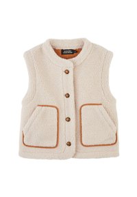 Gilet en polaire couleur crème avec des boutons marron et des bordures marron assorties autour des poches avant et des emmanchures.