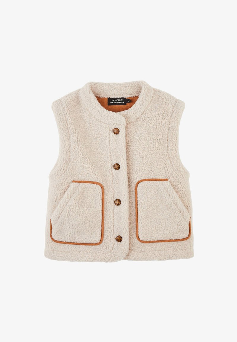 Gilet en polaire couleur crème avec des boutons marron et des bordures marron assorties autour des poches avant et des emmanchures.