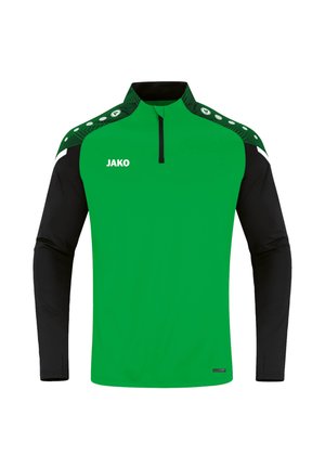 Grünes und schwarzes langärmeliges Sporthemd mit einem Viertel-Reißverschluss, versehen mit einem Jako-Logo und gemusterten Akzenten an den Schultern.