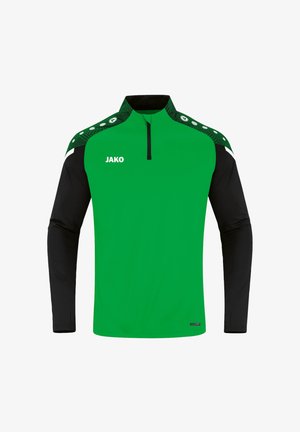 Maglia sportiva a maniche lunghe verde e nera con zip a un quarto, dotata di logo Jako e dettagli a fantasia sulle spalle.