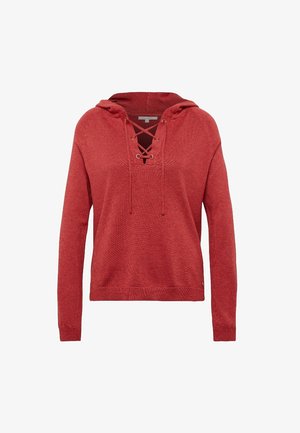 Roter Kapuzenpullover aus strukturiertem Strick mit einer Schnürung an der Vorderseite und langen Ärmeln, gestaltet in einer lockeren Silhouette und mit geripptem Saum.