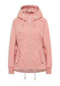 Roze buitenjack met capuchon, ritssluiting aan de voorkant, trekkoord in de taille en zijzakken. Heeft elastische manchetten en een gestreepte voering.