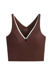 Brown sleeveless crop top with V-neck and white trim, fitted design, no visible fastenings or patterns.