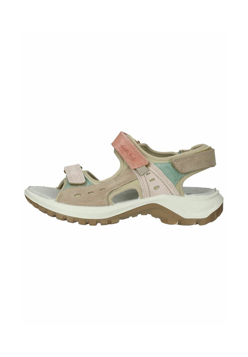 Sandali beige e pastello in materiali scamosciati e a rete, design open-toe, straps regolabili e suola in gomma testurizzata per una migliore aderenza.