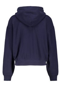 Navy blue cropped hoodie made of soft fabric, featuring a drawstring hood and ribbed cuffs and hem. Smooth texture without visible patterns.
