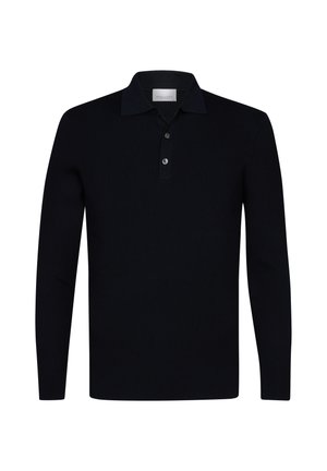 Black long-sleeve polo shirt, ribbed texture, collared with two-button placket, soft fabric, tailored fit, suitable for casual or semi-formal wear.