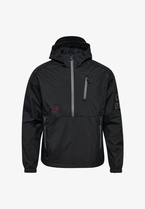 Black windbreaker jacket with a zippered chest pocket and two side pockets. Features grey accents and elastic cuffs for a snug fit.
