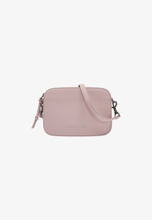 Borsa a tracolla in pelle rosa chiaro con forma rettangolare, texture liscia e tracolla regolabile. Presenta il logo del brand in rilievo sulla parte anteriore.