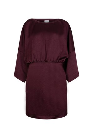 Maroon dress with a round neckline and wide 3/4 sleeves. Features a gathered waist and textured fabric with a subtle pattern.