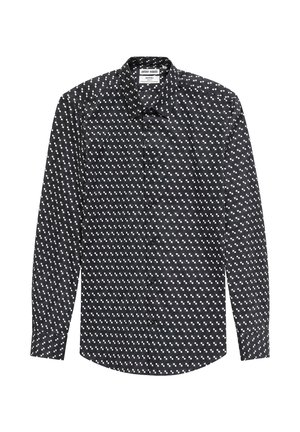 Camicia nera a maniche lunghe con motivo di puntini quadrati bianchi diagonali e colletto classico, mostrata su sfondo bianco.