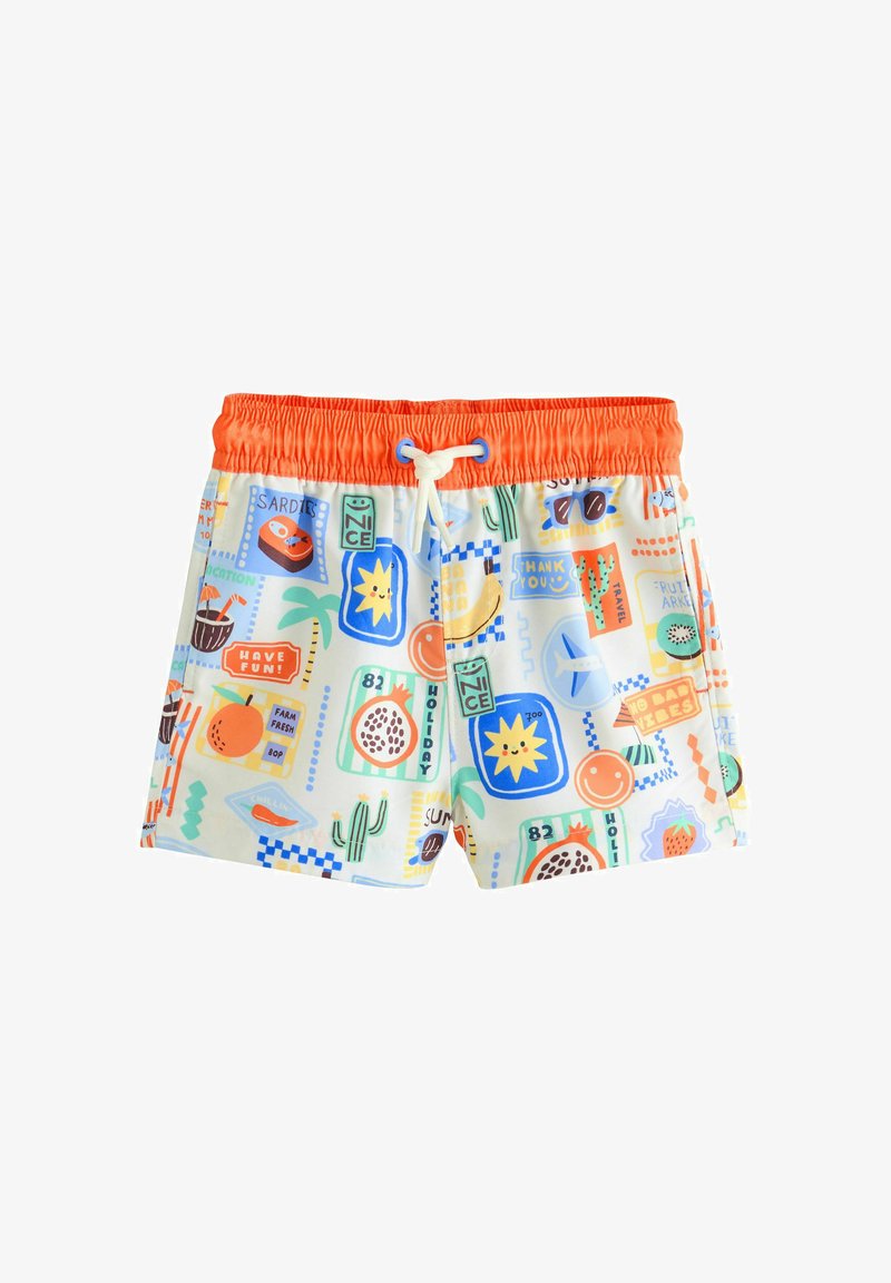 Narancssárga derékpántos rövidnadrág, színes utazási témájú mintákkal, amelyek között nap, gyümölcs, kaktusz, repülőgép és olyan kifejezések szerepelnek, mint "Jó szórakozást" és "Köszönöm".