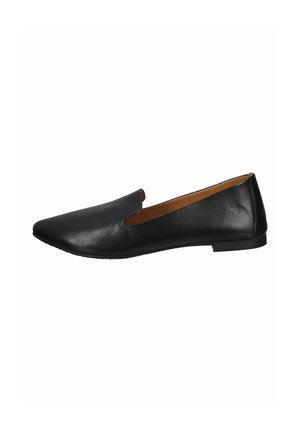 Black leather slip-on shoes with a pointed toe and a smooth texture, featuring a low profile and minimalist design. No visible hardware.
