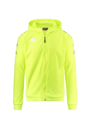 Felpa zip con cappuccio foderato di un vivace giallo neon, dotata di polsini a coste e dettagli con logo sul petto e sulle maniche. Realizzata in tessuto leggero.