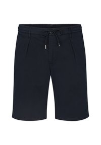 Pantalones cortos de un azul marino oscuro, hechos de una tela suave, con una cintura elástica y cordón de ajuste, además de dos pliegues en la parte frontal.