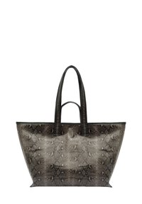 Stor axelväska med snake print-mönster i mörkgrå och svarta nyanser. Slätt material av konstläder, höga handtag, platt botten.