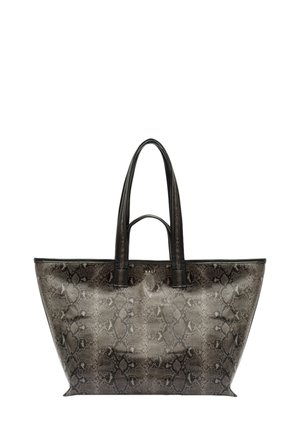 Borsa grande a tracolla con stampa serpente in tonalità grigio scuro e nera. Materiale in finta pelle liscia, manici alti, design a fondo piatto.