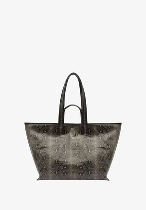 Borsa grande a tracolla con stampa serpente in tonalità grigio scuro e nera. Materiale in finta pelle liscia, manici alti, design a fondo piatto.