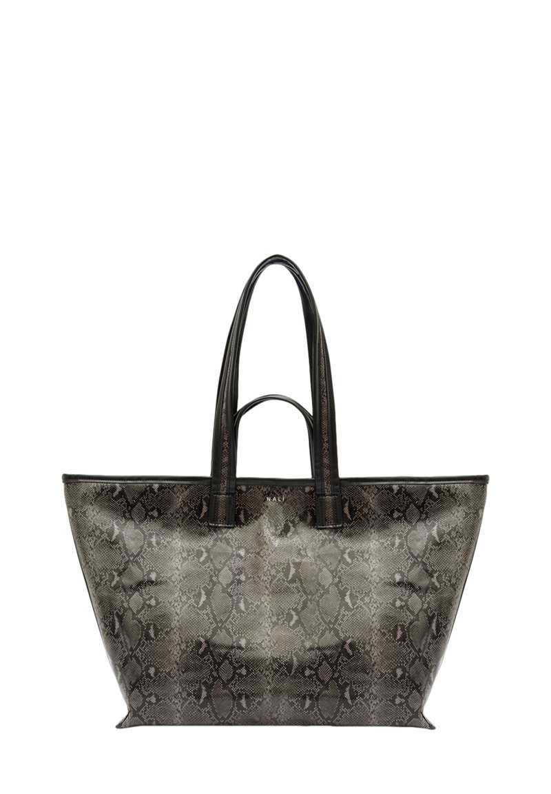 Stor axelväska med snake print-mönster i mörkgrå och svarta nyanser. Slätt material av konstläder, höga handtag, platt botten.