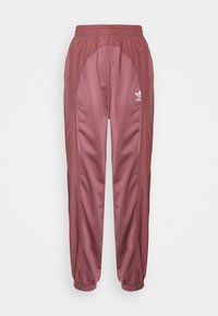 Pantalon de survêtement Adidas bordeaux avec taille et poignets élastiques, présentant un panneau avant bordeaux plus clair et un logo Adidas blanc sur la cuisse gauche.