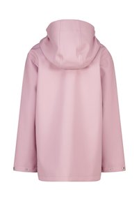 Pink waterproof rain jacket with a hood, featuring long sleeves and snap closures at the cuffs, made from smooth, flexible material.