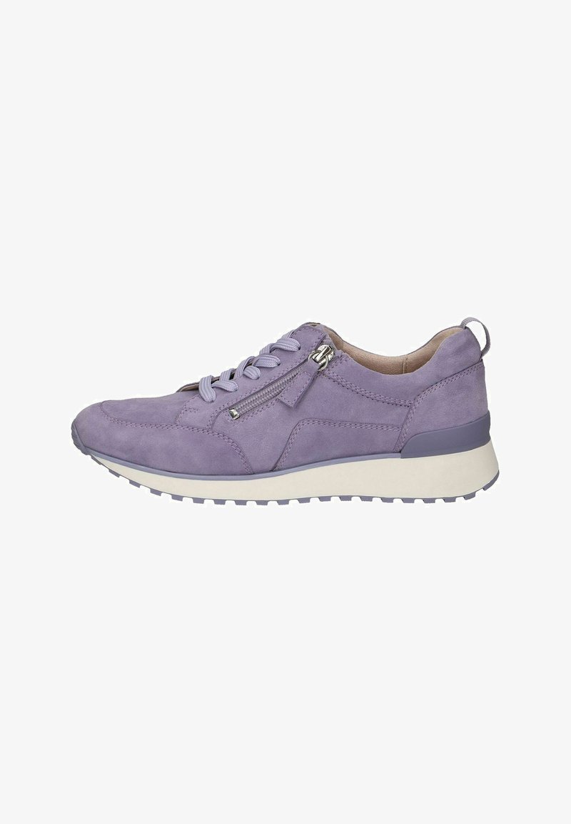 Fioletowe zamszowe sneakersy z białą podeszwą pośrodkową, sznurowanym przodem i bocznym zamkiem błyskawicznym. Posiadają okrągły czubek oraz teksturowaną podeszwę dla lepszej przyczepności.