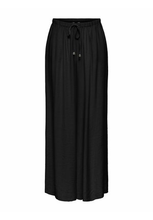 Czarne spodnie o szerokich nogawkach z elastycznym pasem i regulowanym sznurkiem z metalowymi końcówkami, luźny krój i teksturowana tkanina.