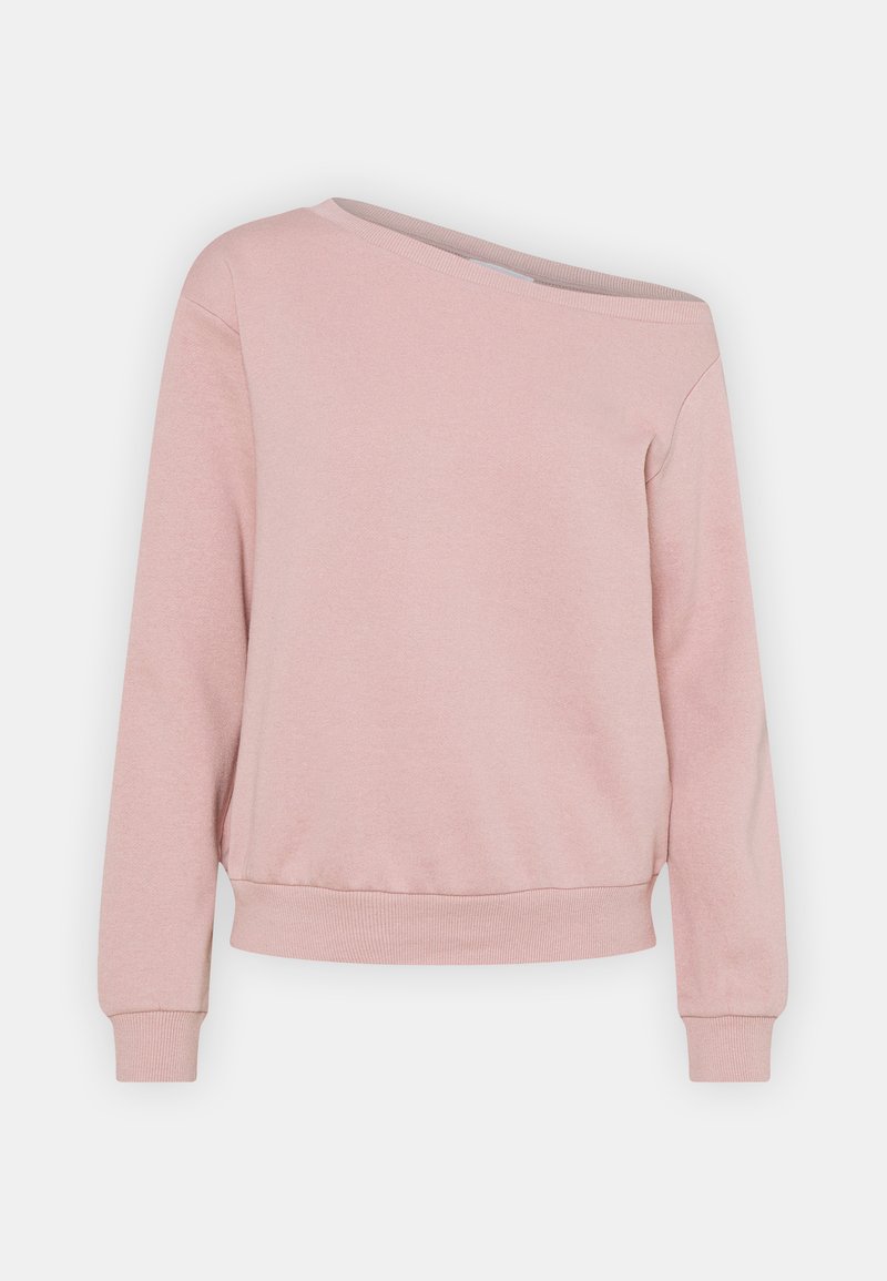 Roza off-shoulder sweatshirt iz mehkega bombažnega vlakna, ki ima dolge rokave in riban rob. Minimalističen dizajn z gladko teksturo.