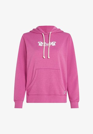 Różowa bluza z kapturem wykonana z miękkiej tkaniny. Posiada przednią kieszeń, sznurki oraz biały kwiatowy logo powyżej kieszeni. Ściągacze przy mankietach i u dołu bluzy.