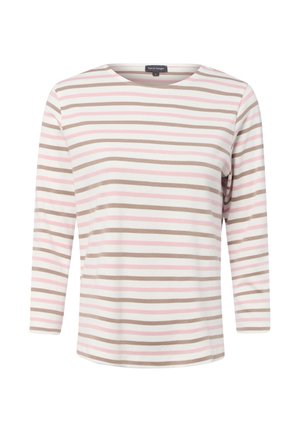Langarmshirt met roze, beige en witte horizontale strepen, ronde halslijn en een klein label aan de achterzijde van de kraag.