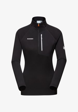 Black zip-up fleece top with a high collar, featuring a chest pocket, Mammut logo, textured fabric, and orange zipper pull detail.