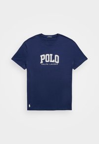 Námořnická modrá bavlněná tričko s nápisem "POLO RALPH LAUREN" v bílé barvě. Obsahuje kulatý výstřih a malé bílé logo na lemu. Krátké rukávy.