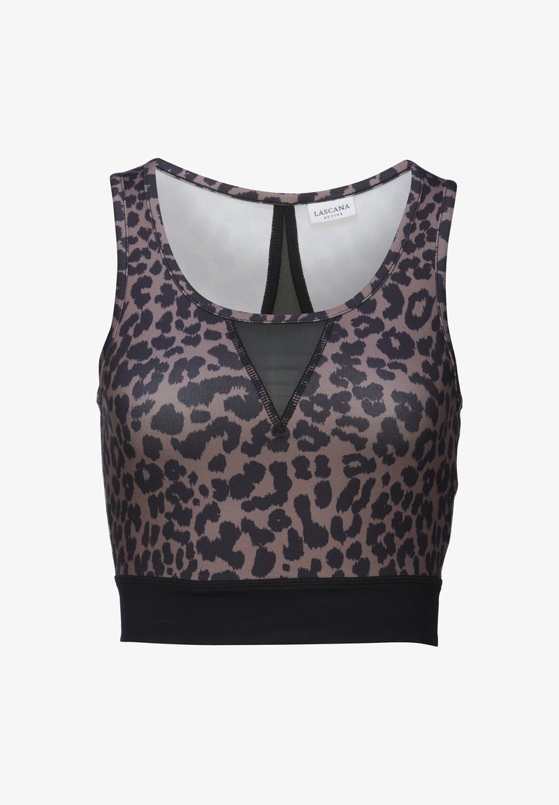 Krótkie aktywne topy w panterkę w odcieniach brązu i czerni, z siateczkowym panelem, szerokimi ramiączkami i jednolitym czarnym wykończeniem.