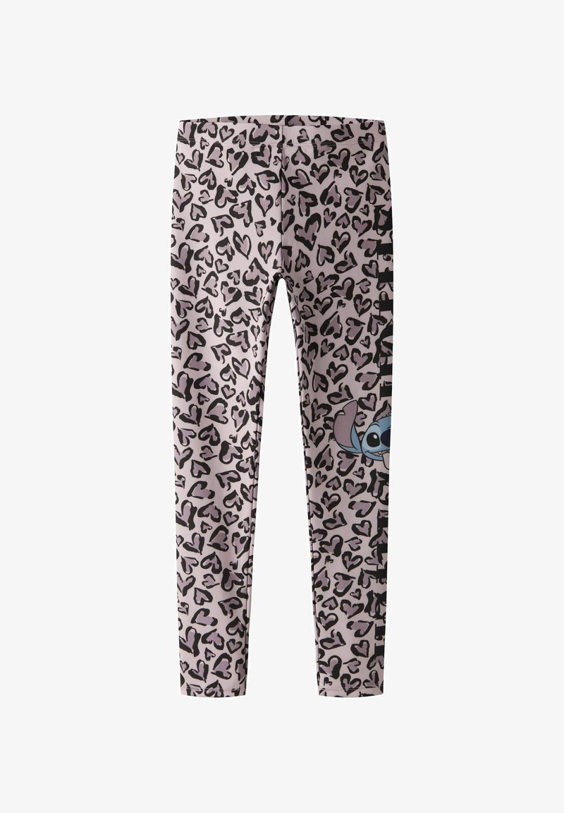 Leggings iz roza tkanine z vzorcem črnih leopardov, z motivom lika Stitča na spodnjem desnem delu noge.